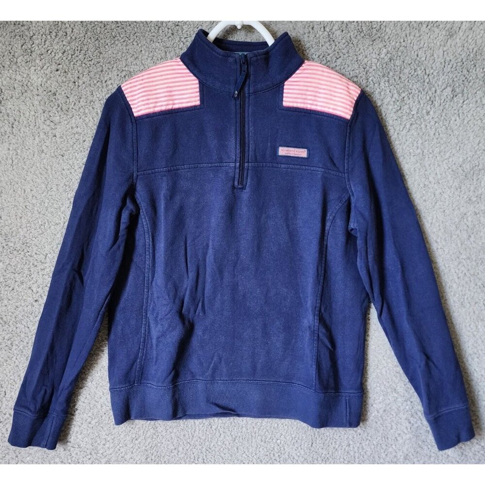 Vineyard Vines Women's Oxford Stripe Shep Shirt 1/4 Zip Sweater Blue/Pink Size S